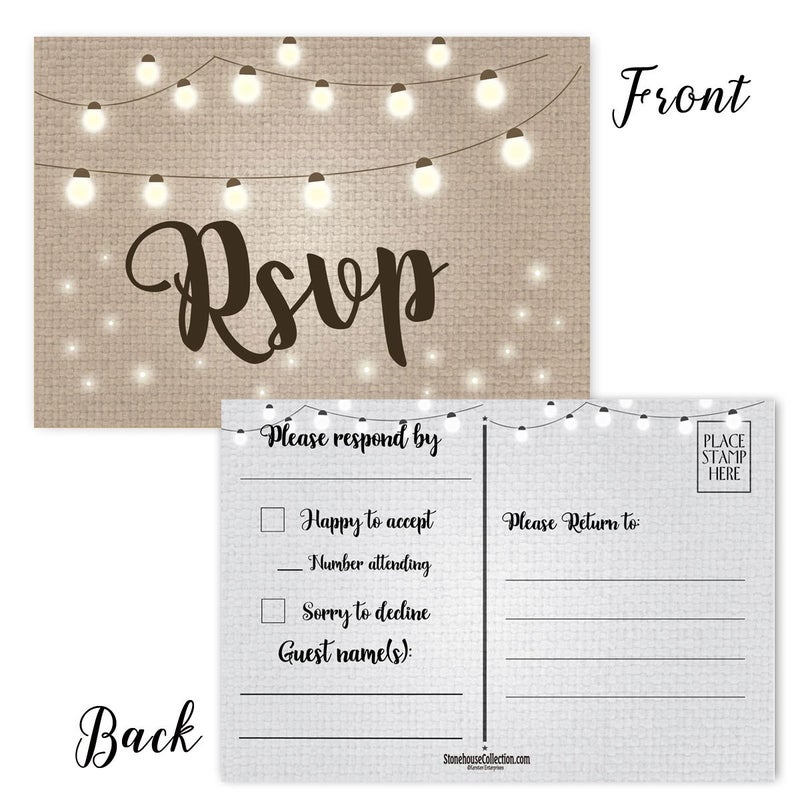 Stonehouse Collection | 40 Rustic String Lights RSVP Postcards | Wedding, Baby Shower, Birthdays, Celebration Announcements | Great For Any Occasion | 4" x 6" Postcards - Made in the USA - Image 3